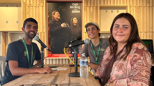 Three speakers seated around microphones during a live recording of the Wild Tales podcast at the Global Bird Fair.